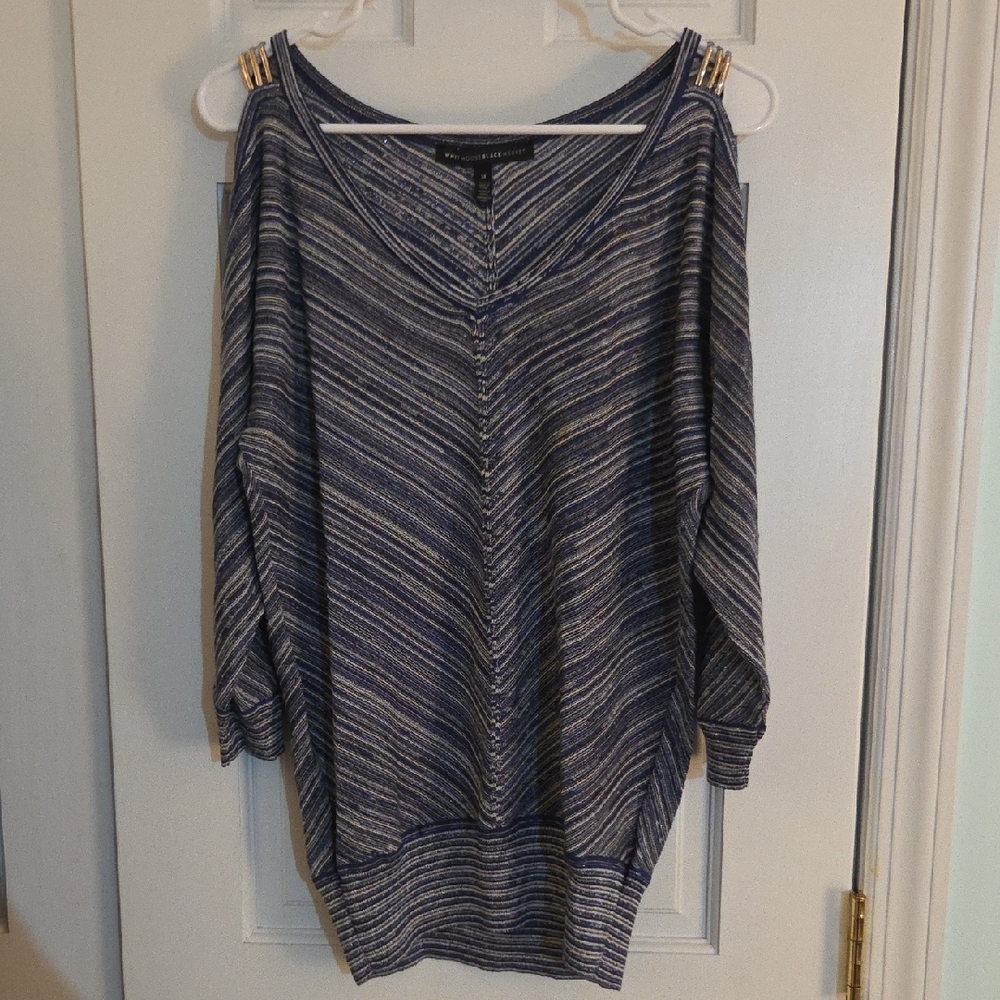White House Black Market Navy and Cream Knit Top
